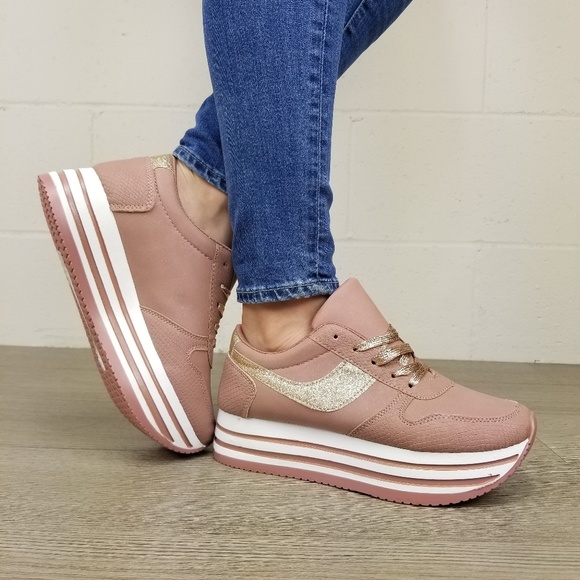 Shoes - Glittery Pink & White Chunky Platform Sneakers